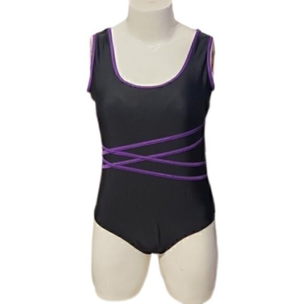 [Catalina] Black with Purple Stripes One Piece Swimsuit - Size 1X